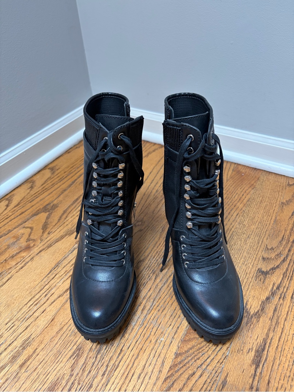 Vince Camuto Black Lace-Up Heeled Combat Boots